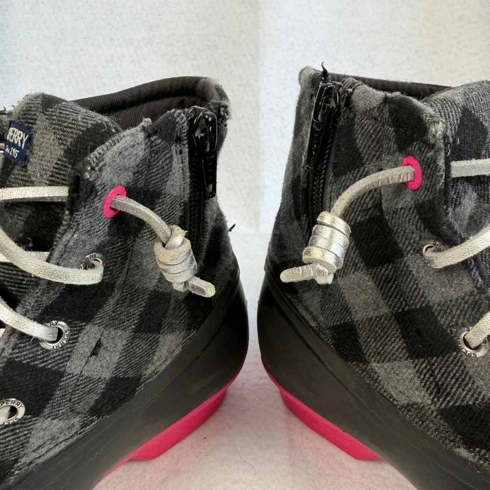 Sperry‎ Saltwater Plaid Duck Boots Black Pink Waterproof Zip Side Kids Size 4